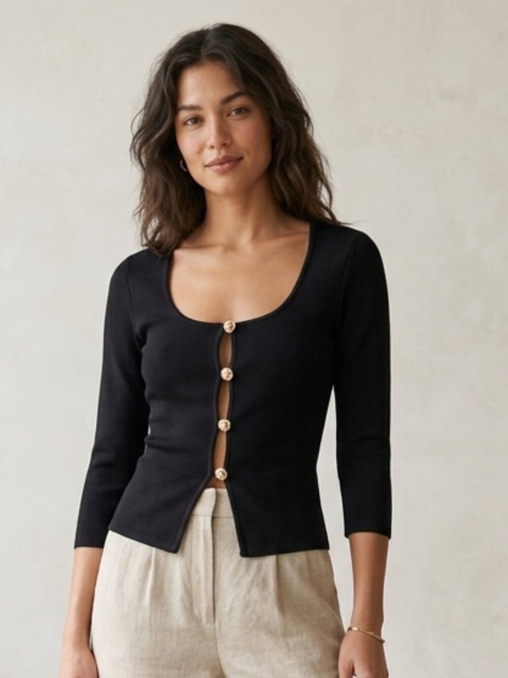 Reformation Owen Knit Top Black Gold Button 3/4 Sleeve Fitted Blouse Sz S 2 4